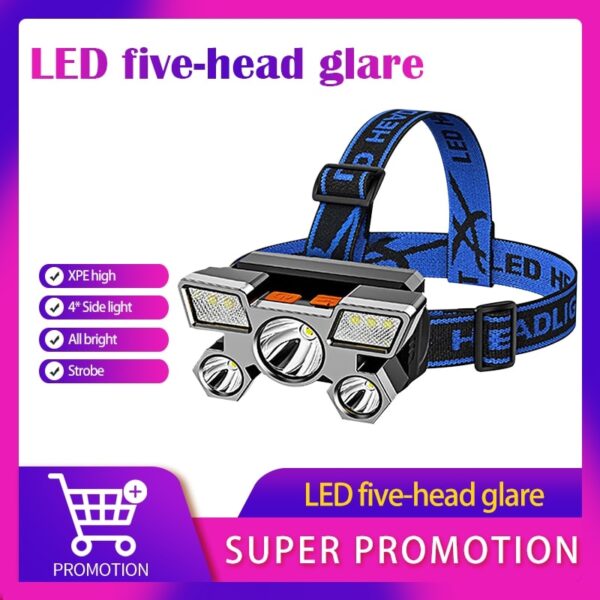 Led Five Head Headlight Strong Light Super Bright Rechargeable Fishing Lamp Long Range Head Mounted Mine Lamp Flashlight