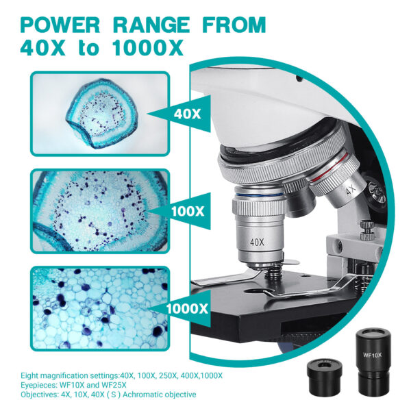 ESSLNB Microscope 1040 Student Microscope for Kids 40X-1000X LED Biological Light Microscope with Slides and Phone Adapter All-Metal Optical Glass Lenses. - Image 5