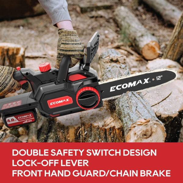 Ecomax ELG05 Cordless Chainsaw 12-Inch 18V Electric Chainsaw with 4Ah Battery & Fast Charger Powerful Chain Saws with Double Safety... - Image 3