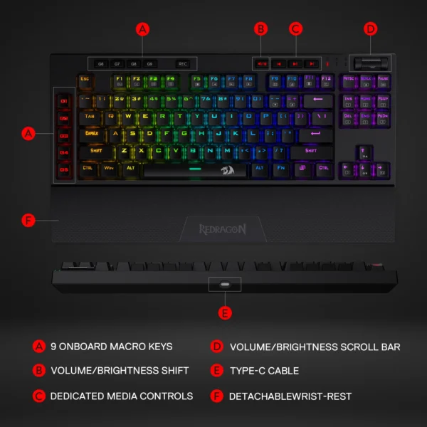 Redragon K596 Wired RGB Mechanical Gaming Keyboard, 87 Keys TKL Compact Keyboard Wrist Rest, Red Switches - Image 3