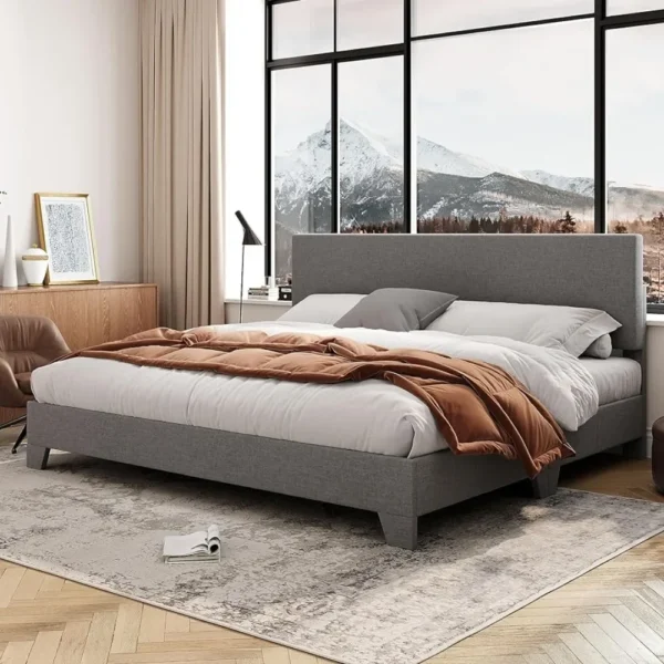 RUO WU King Size Platform Bed Frame With Adjustable Upholstered Headboard Easy Assembly Heavy Duty Mattress Foundation Noise-Free Home