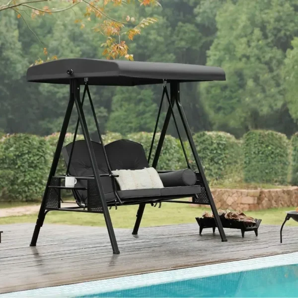 RUO WU Outdoor Patio Swing Chair with Weather Resistant Steel Frame, Adjustable Canopy，Removable Cushion and Pillow for Backyard Gray