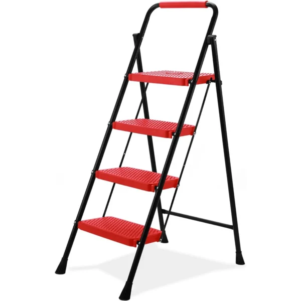 4 Step Ladder with Tray, Folding Step Stool with Wide Non-Slip Pedal and Comfort Handgrip, Multi-use Steel Ladder for Household and Office