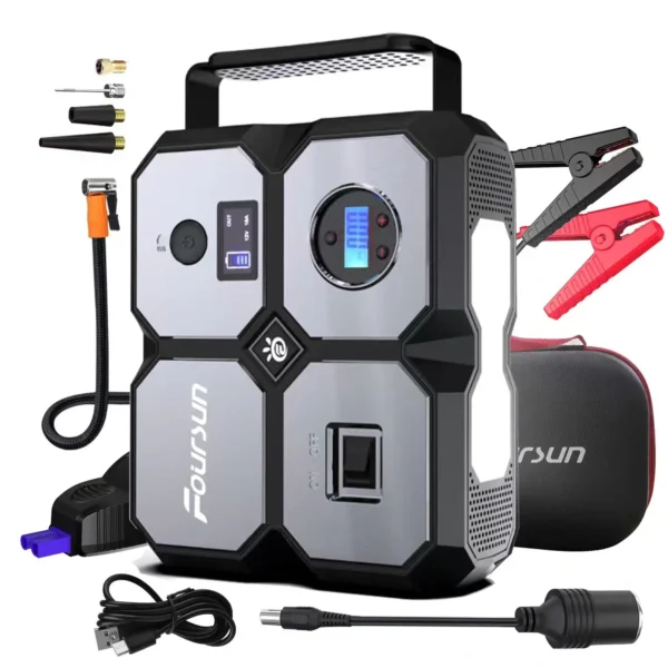 Portable Car Jump Starter with Air Compressor, Foursun 4000A Jump Starter Battery Pack (All Gas/8.0L Diesel) 150PSI Digital Tire Inflator, 12V Car Lithium Battery Jump Box Pack Power Charger