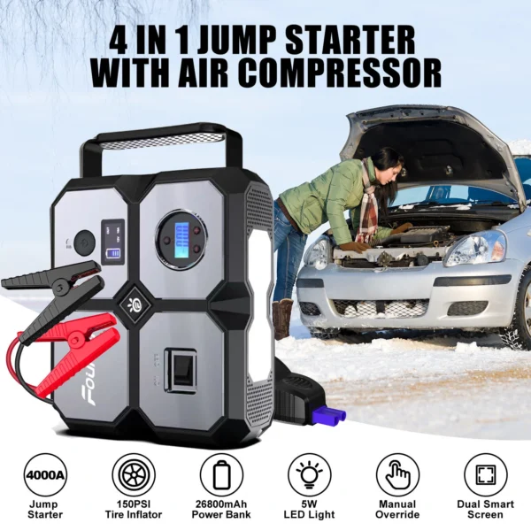 Portable Car Jump Starter with Air Compressor, Foursun 4000A Jump Starter Battery Pack (All Gas/8.0L Diesel) 150PSI Digital Tire Inflator, 12V Car Lithium Battery Jump Box Pack Power Charger - Image 2