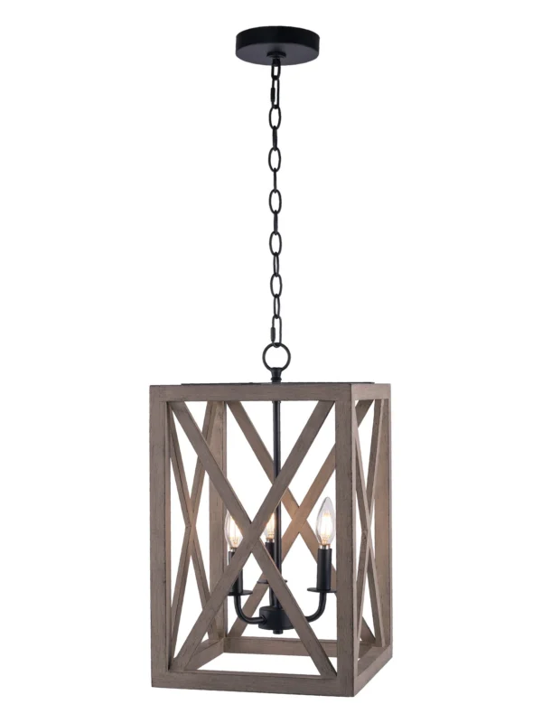 Farmhouse Wood Chandelier, 3-Light Geometric Chandelier with Wood Accents, Square Wooden Ceiling Hanging Lamp, Vintage Distressed Light Grey Pendent Light Fixture for Living Room Bedroom Kitchen Foyer