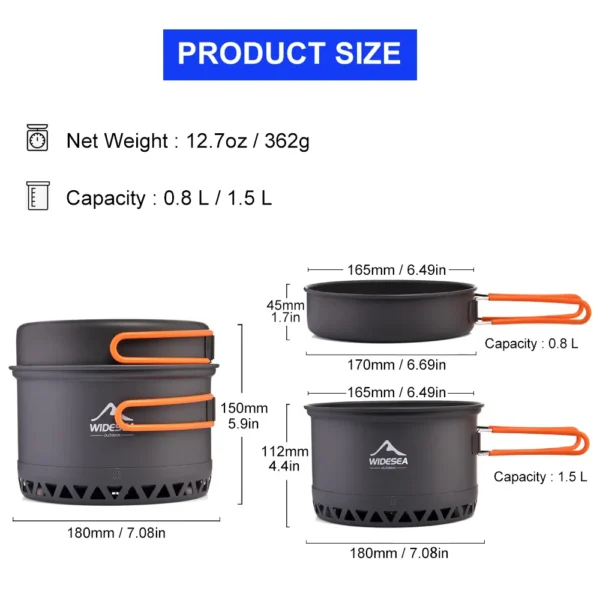 Widesea Camping 1.3L 2.3L Cookware Outdoor Cooking Set Heat Cooker Travel Tableware Pot Kettle Tourist Kitchen Utensil Equipment - Image 3