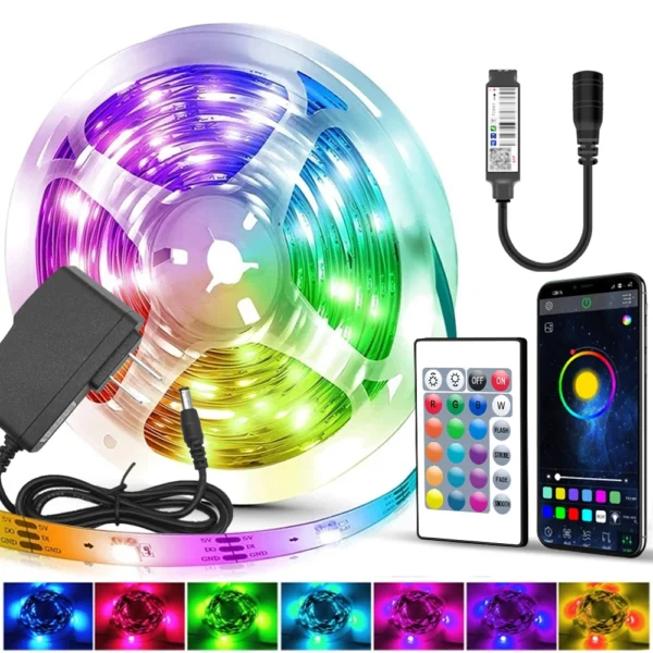 65.6ft/20m DC LED party decoration, with RGB LED strip lights in the bedroom and living room, equipped with adjustable lighting