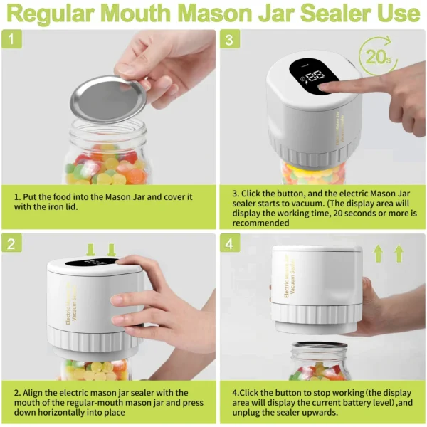 Electric Mason Jar Vacuum Sealer, Cordless Vacuum Sealer Kit for Wide-Mouth and Regular-Mouth Mason Jars, for Food Storage - Image 4