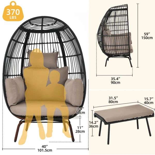 Wicker Egg Chair with Ottoman Outdoor Indoor Egg Basket Lounge Chair with Stand - Image 2