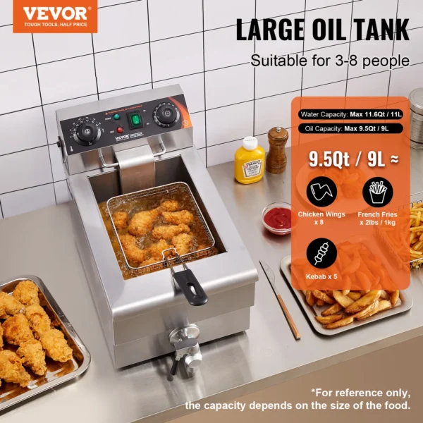 VEVOR Commercial Deep Fryer Electric Countertop Fryer with Basket 11.6Qt Stainless Steel Single Oil Fryer w/Time & Temp Control - Image 2