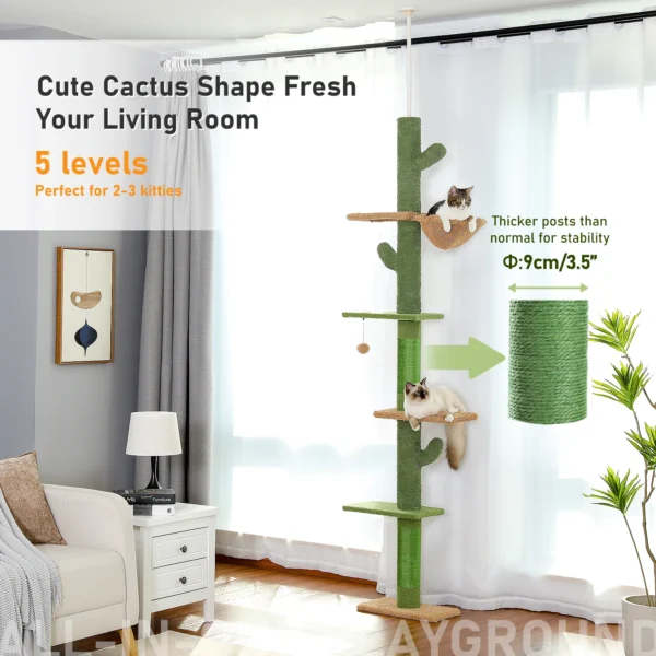 Cat Tree 5-Tier Floor to Ceiling Cat Tower Cactus Tall Climbing Tree with Scratching Post Hammock Dangling Ball for Indoor Cats - Image 2