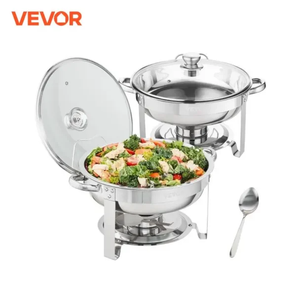 VEVOR 4QT 2-Pack Round Chafing Dish Set Stainless Steel Buffet Chafer with Full Size Pan Glass Lid Fuel Holder Catering Warmer