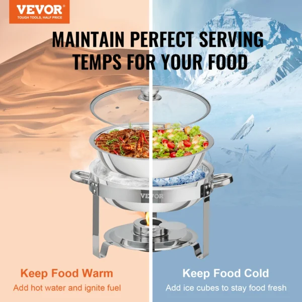 VEVOR 4QT 2-Pack Round Chafing Dish Set Stainless Steel Buffet Chafer with Full Size Pan Glass Lid Fuel Holder Catering Warmer - Image 2