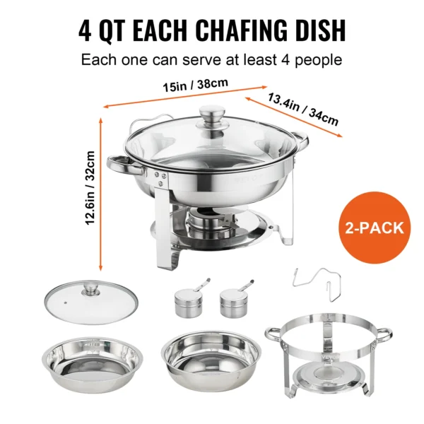 VEVOR 4QT 2-Pack Round Chafing Dish Set Stainless Steel Buffet Chafer with Full Size Pan Glass Lid Fuel Holder Catering Warmer - Image 3