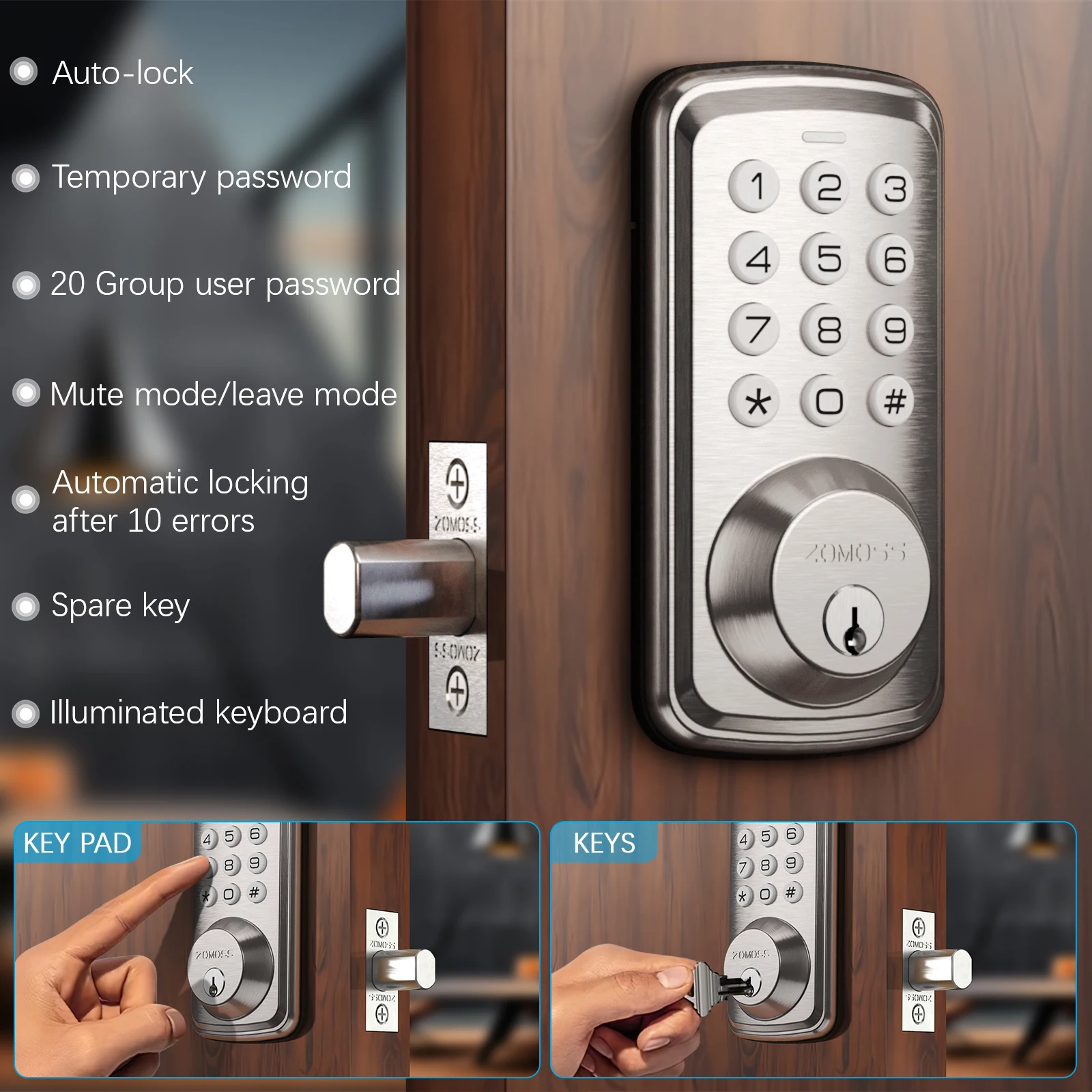ZOMOSS Smart Keypad Door Lock,Digital Code Keyless Entry With Anti-Peeking Password, Auto Lock, And Easy Installation - Image 2