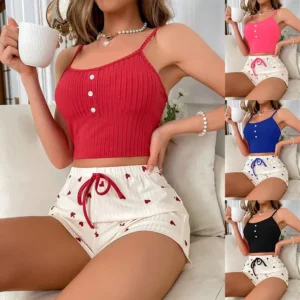 Pajamas 2 Piece Sets Women Camisole Shorts Suit Loungewear Heart Print Short Pants Sleeveless Sleepwear Summer Sweet Outfits